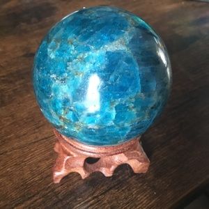blue apatite crystal sphere w/ stand